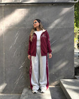 Contrast Side Stripe Zip-Up Tracksuit | Burgundy - Eva Fashion - Online Clothing Store for Women