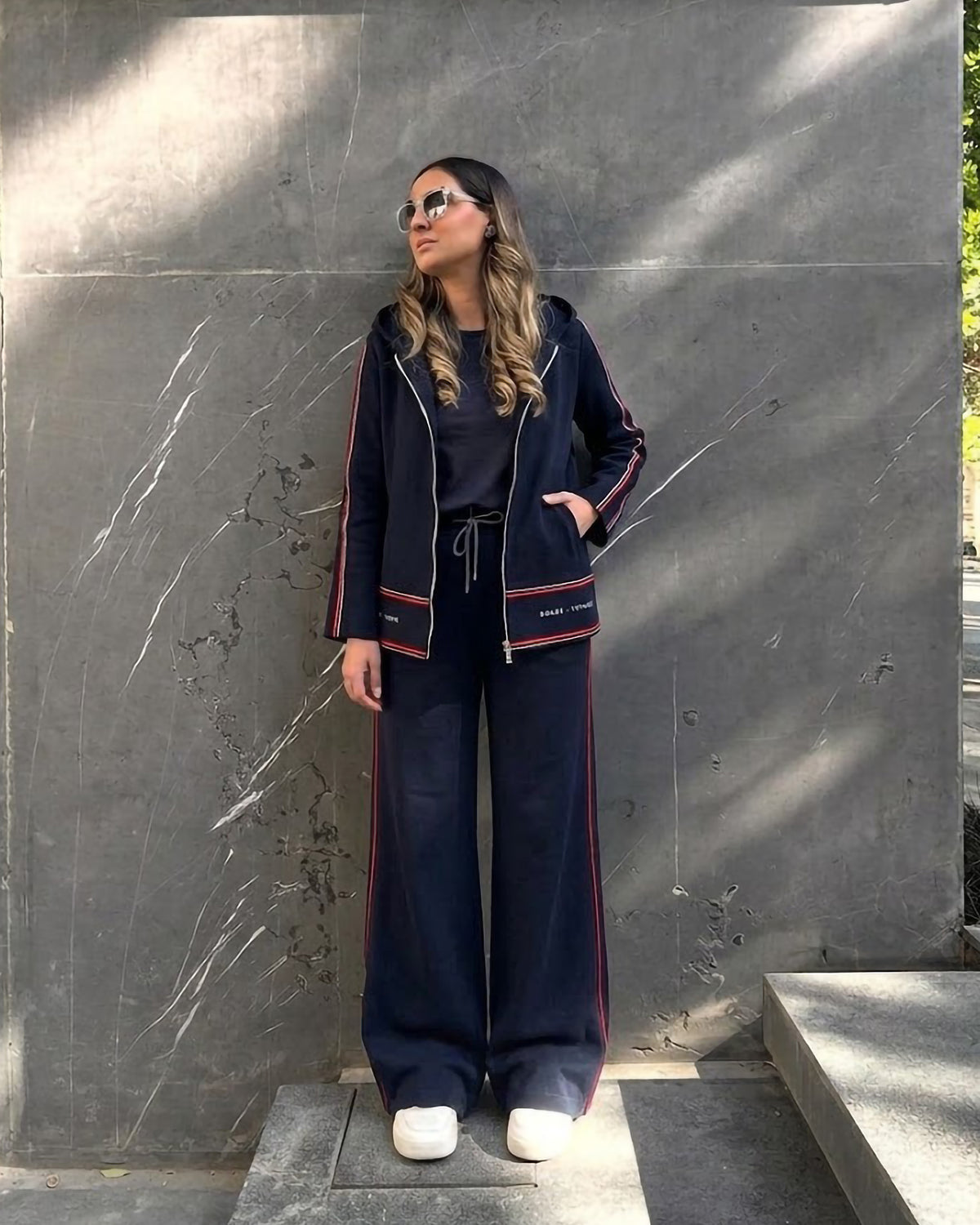 Contrast Stitch Detail Wide-Leg Tracksuit | Dark Blue - Eva Fashion - Online Clothing Store for Women