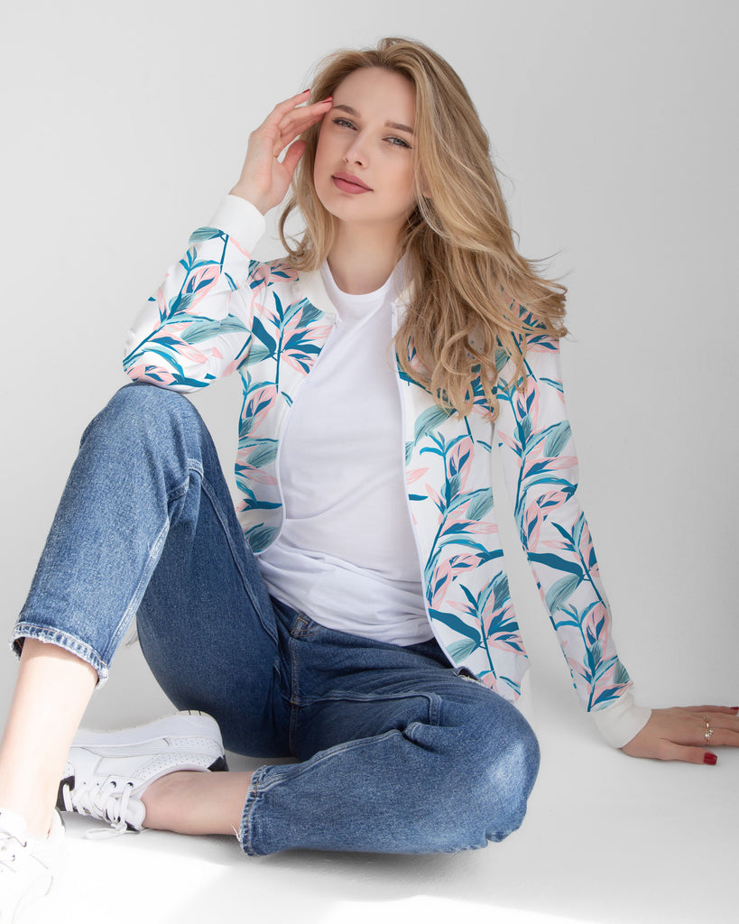 Floral Print White Bomber Jacket