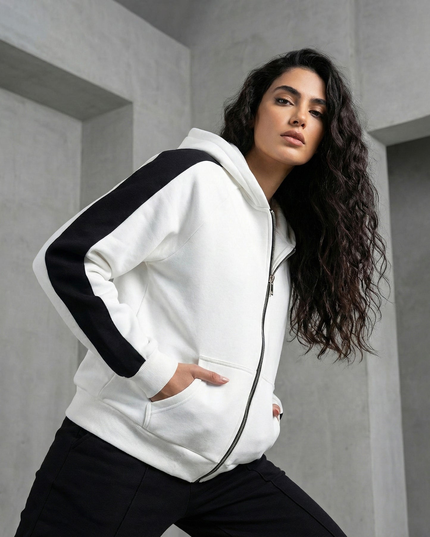 Contrast Edge Zip Hoodie | White - Eva Fashion - Online Clothing Store for Women