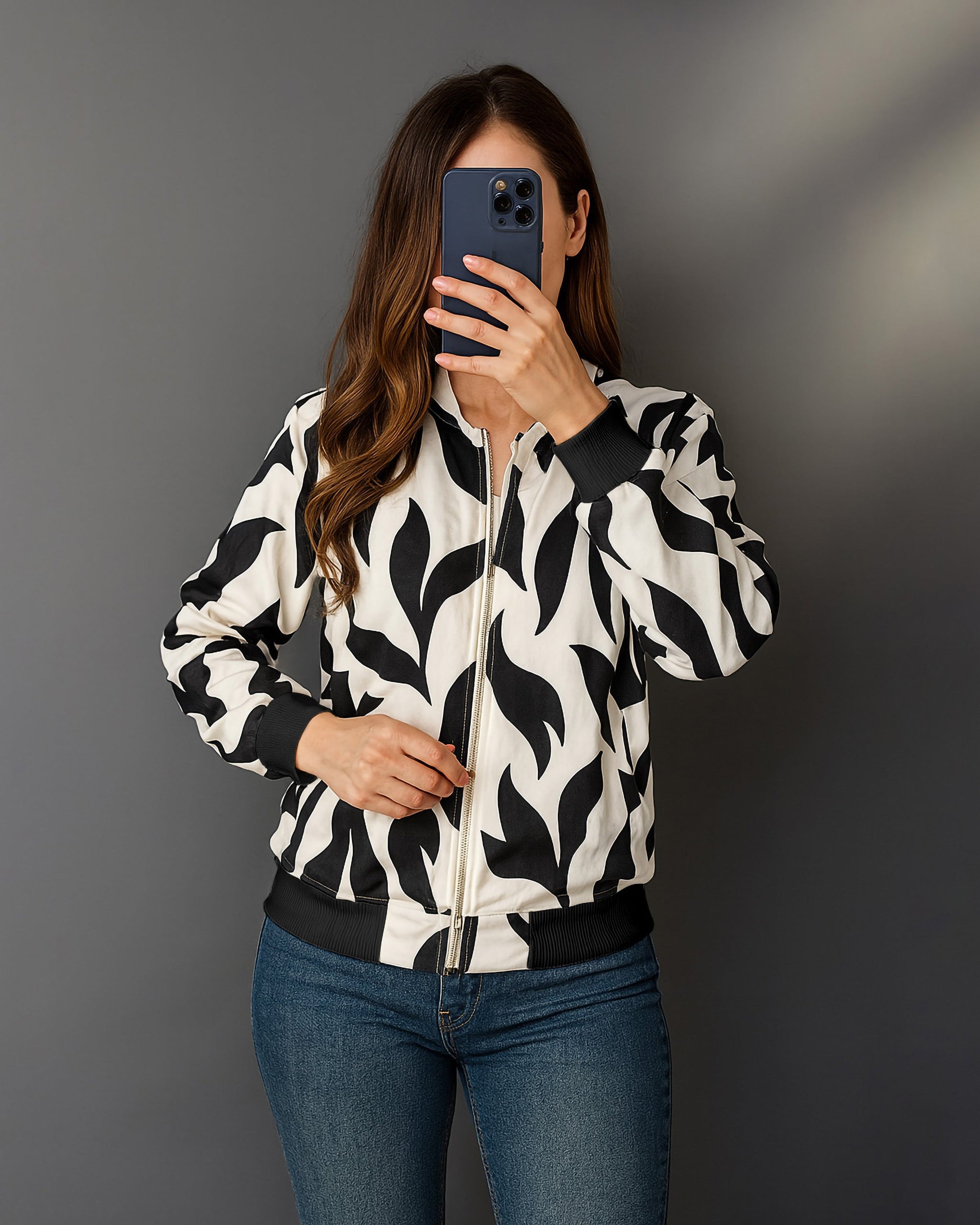 Monochrome Leaf Bomber Jacket | White - Eva Fashion - Online Clothing Store for Women