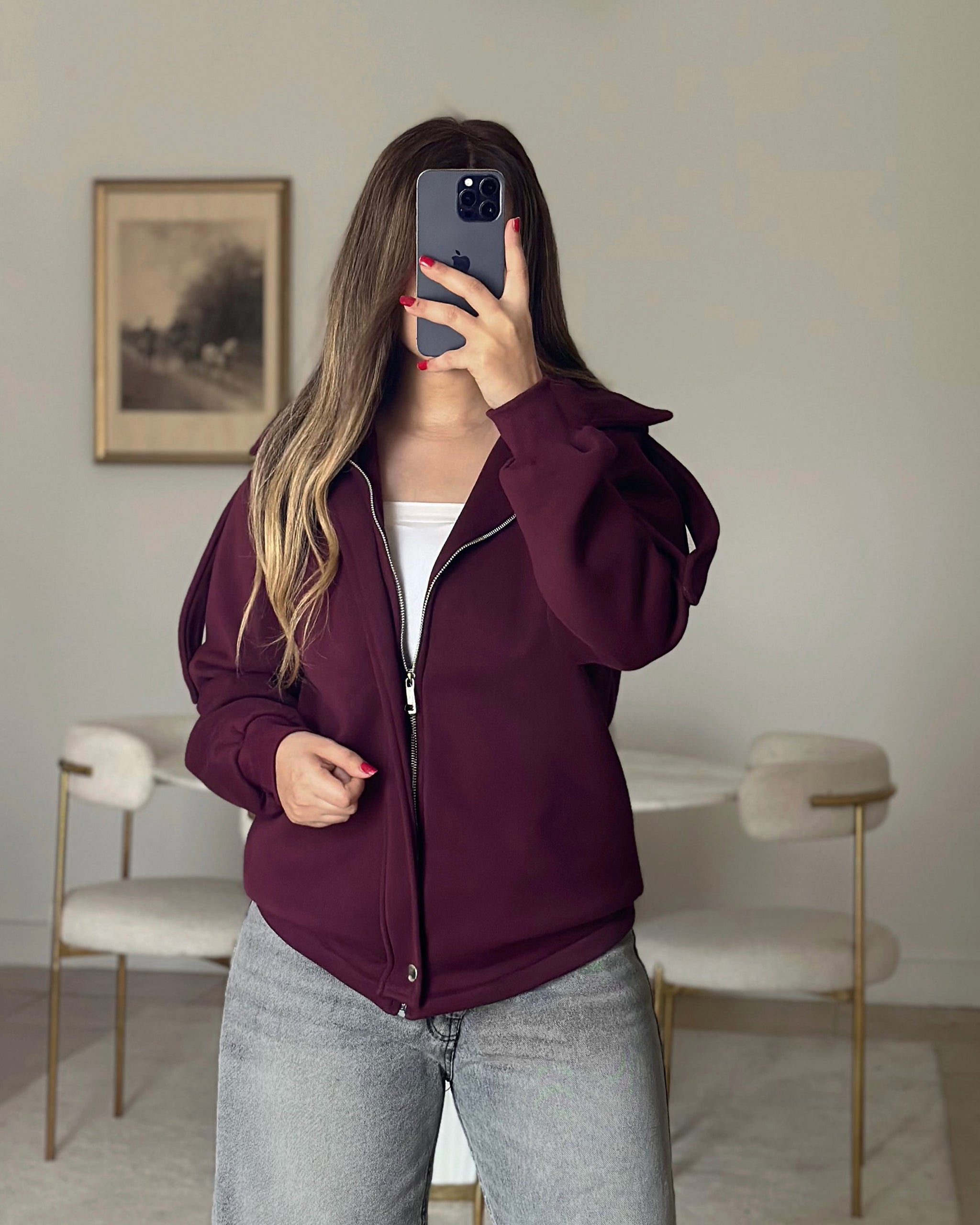 Relaxed Fit Cotton Zip Jacket | Burgundy - Eva Fashion - Online Clothing Store for Women