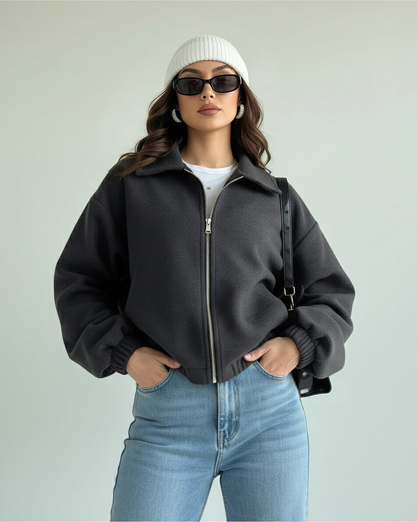 Elastic Hem Drop Shoulder Jacket | Dark Grey - Eva Fashion - Online Clothing Store for Women
