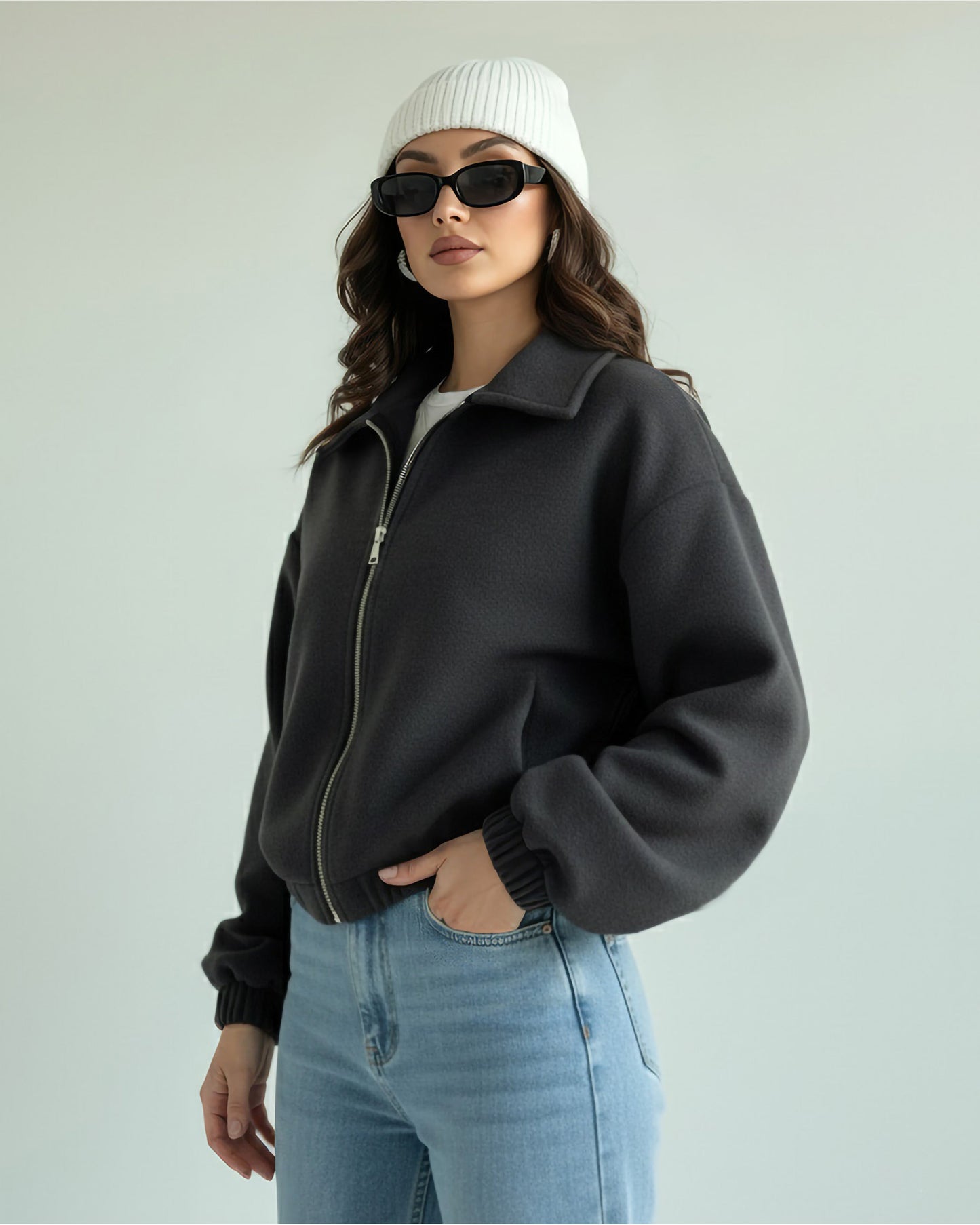 Elastic Hem Drop Shoulder Jacket | Dark Grey - Eva Fashion - Online Clothing Store for Women