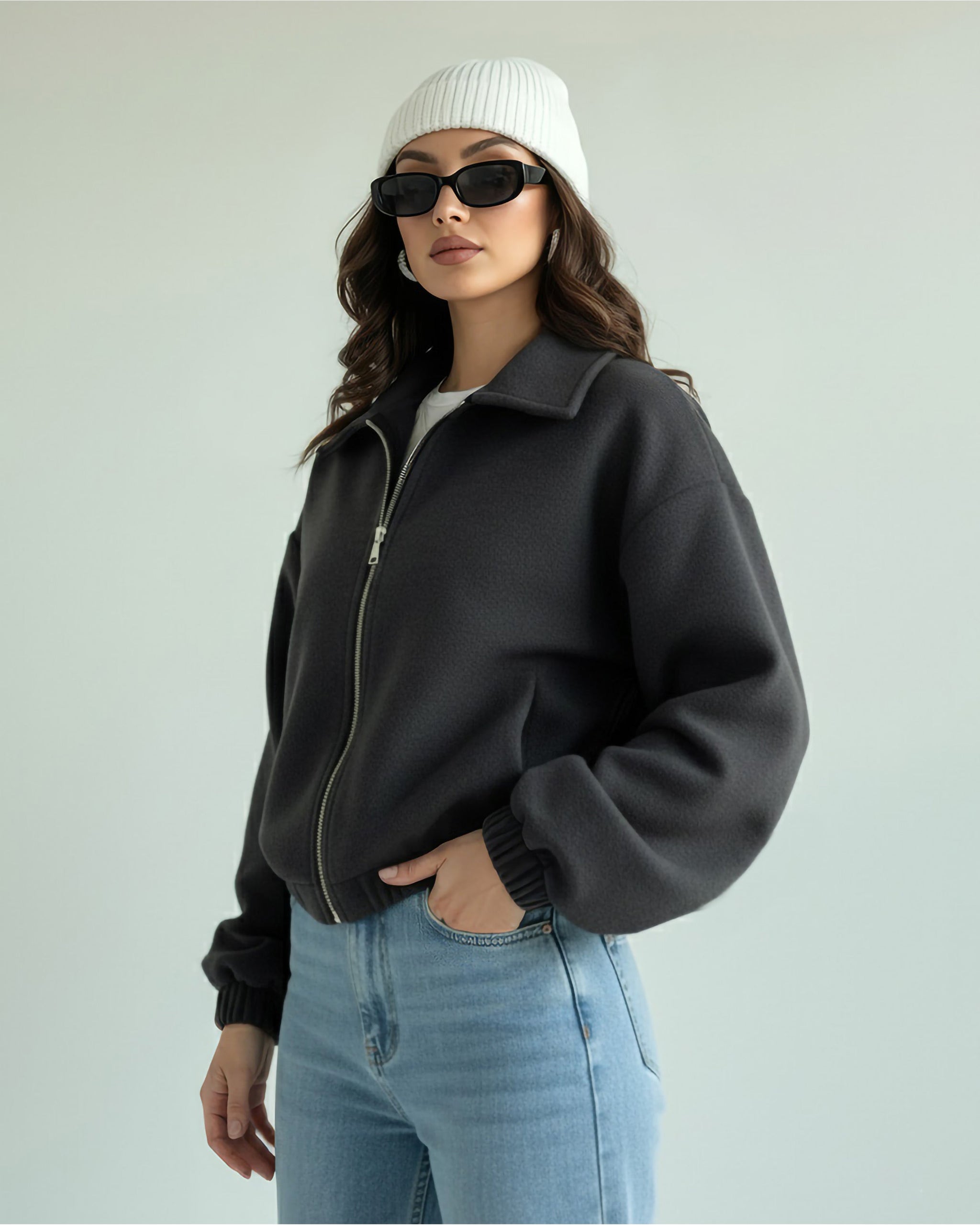 Elastic Hem Drop Shoulder Jacket | Dark Grey - Eva Fashion - Online Clothing Store for Women