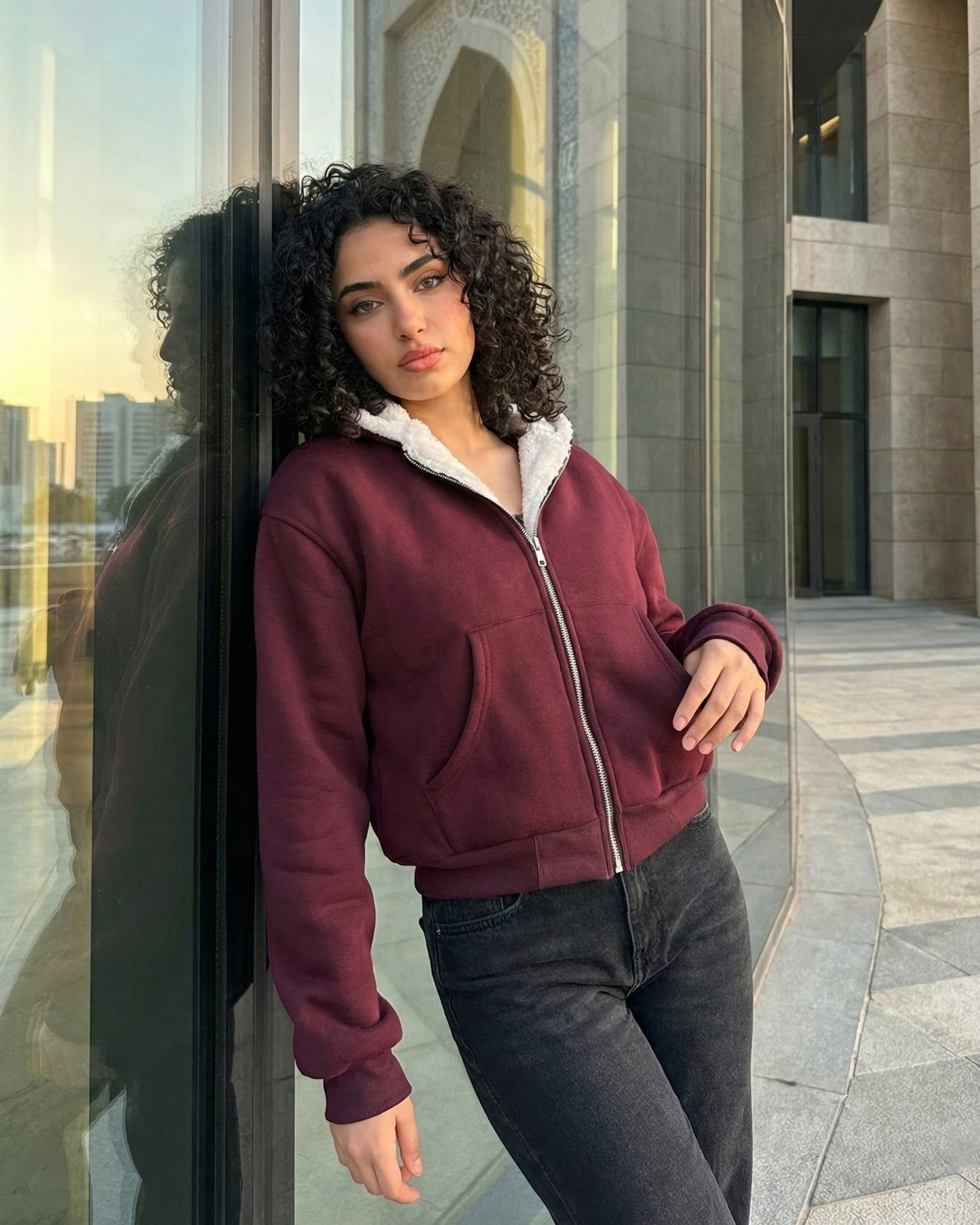 Sherpa-Lined Zip-Up Hoodie Jacket | Burgundy - Eva Fashion - Online Clothing Store for Women