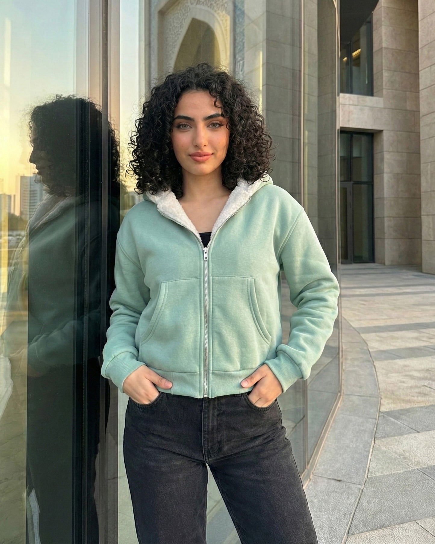 Sherpa-Lined Zip-Up Hoodie Jacket | Mint - Eva Fashion - Online Clothing Store for Women