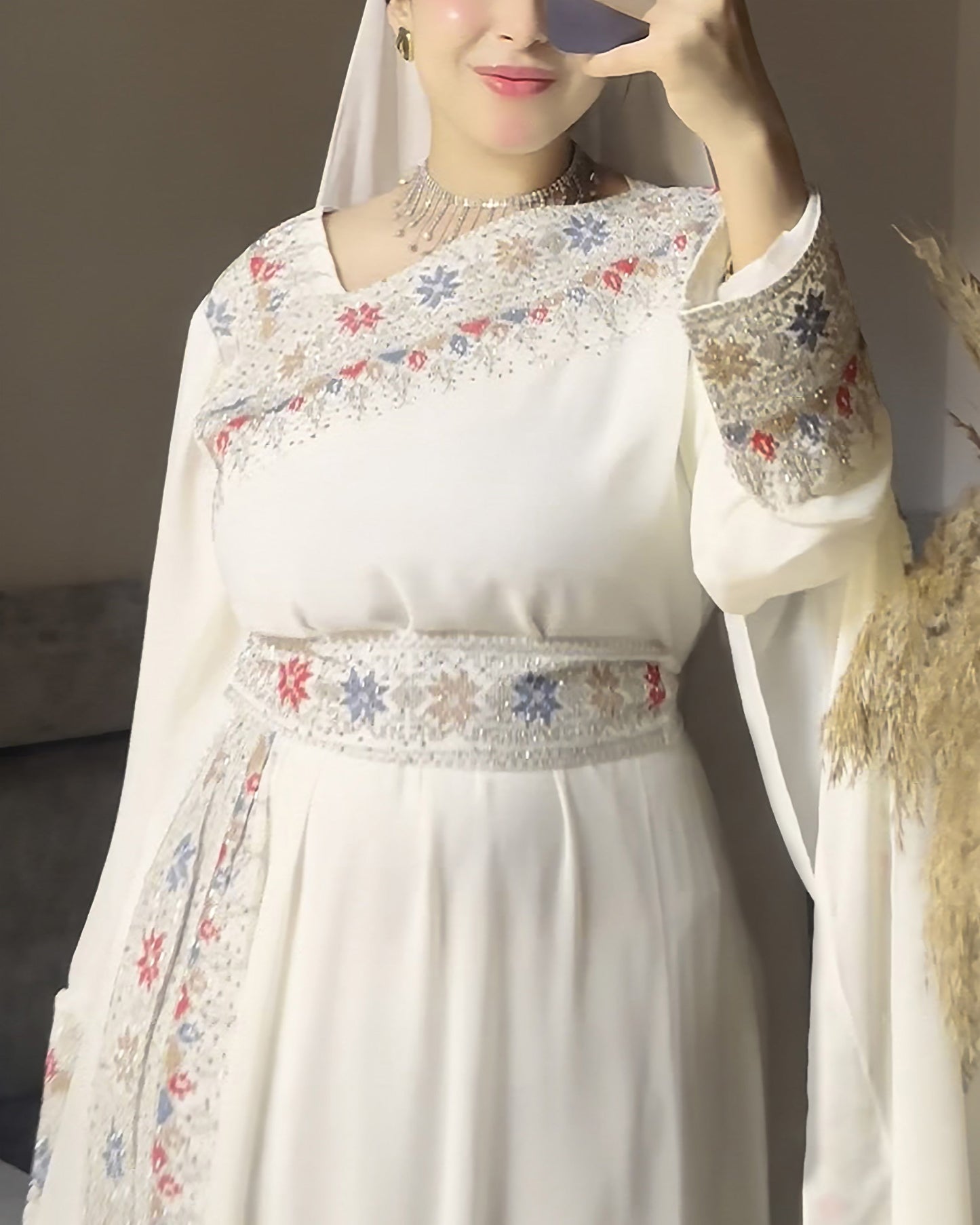 Floral Elegance Embroidered Kaftan | White - Eva Fashion - Online Clothing Store for Women