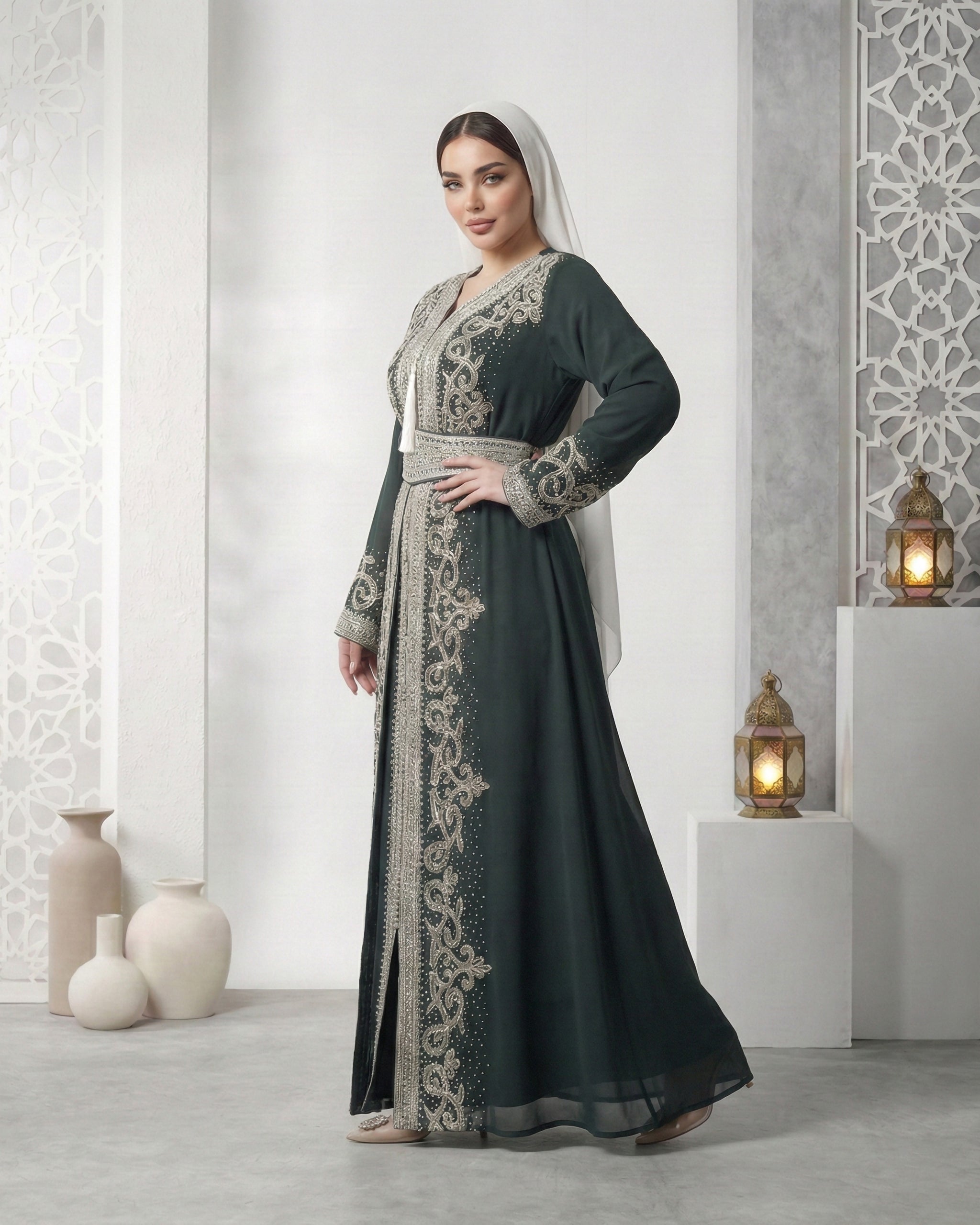 Emerald Elegance Embroidered Kaftan