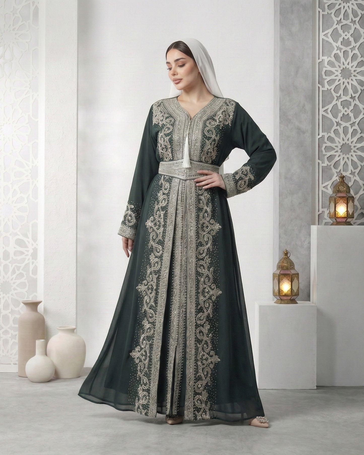 Emerald Elegance Embroidered Kaftan