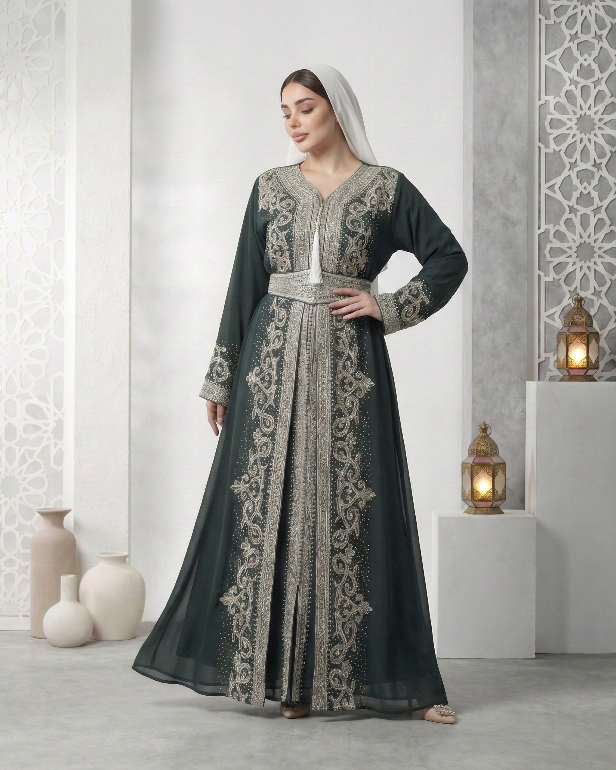 Emerald Elegance Embroidered Kaftan
