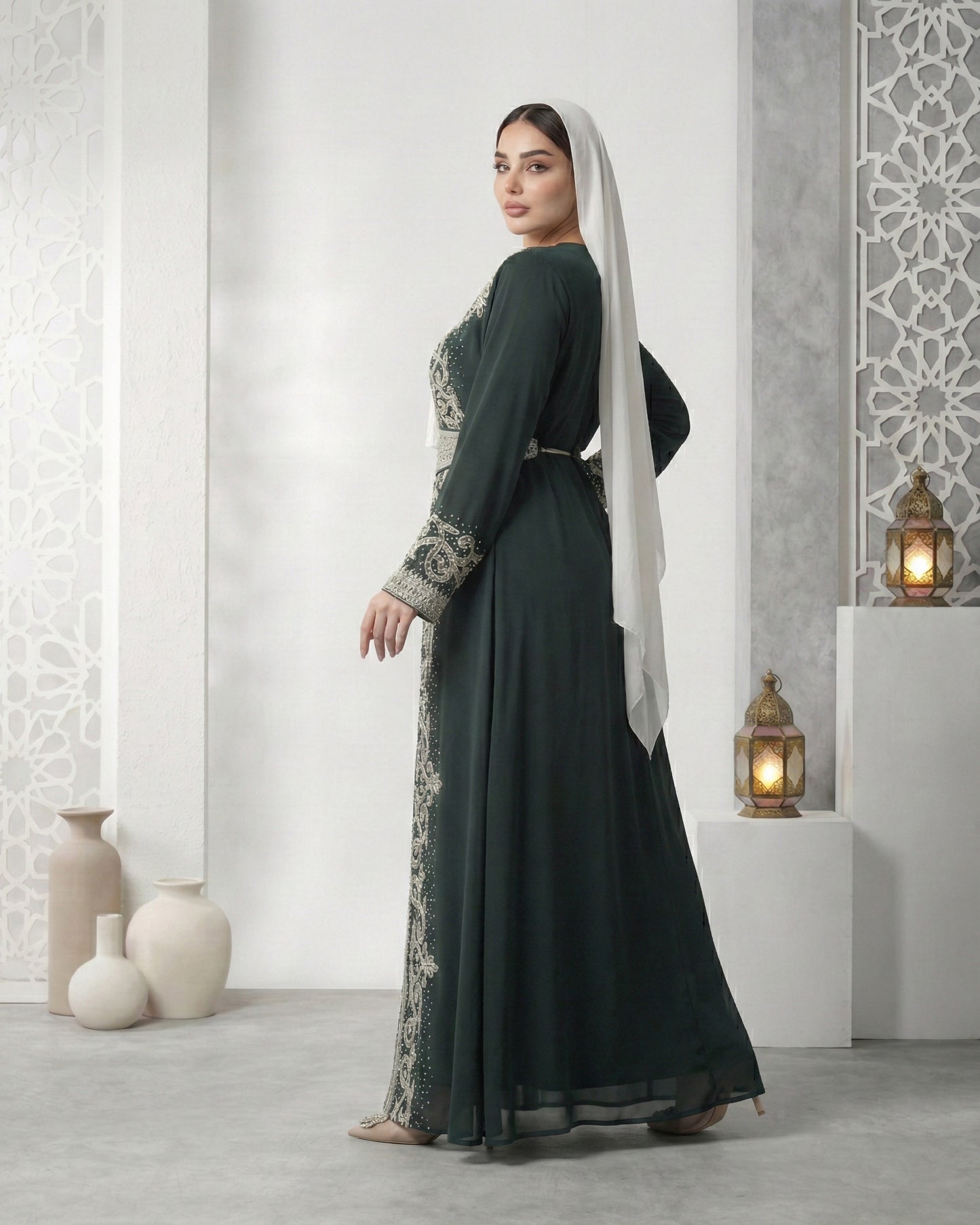 Emerald Elegance Embroidered Kaftan
