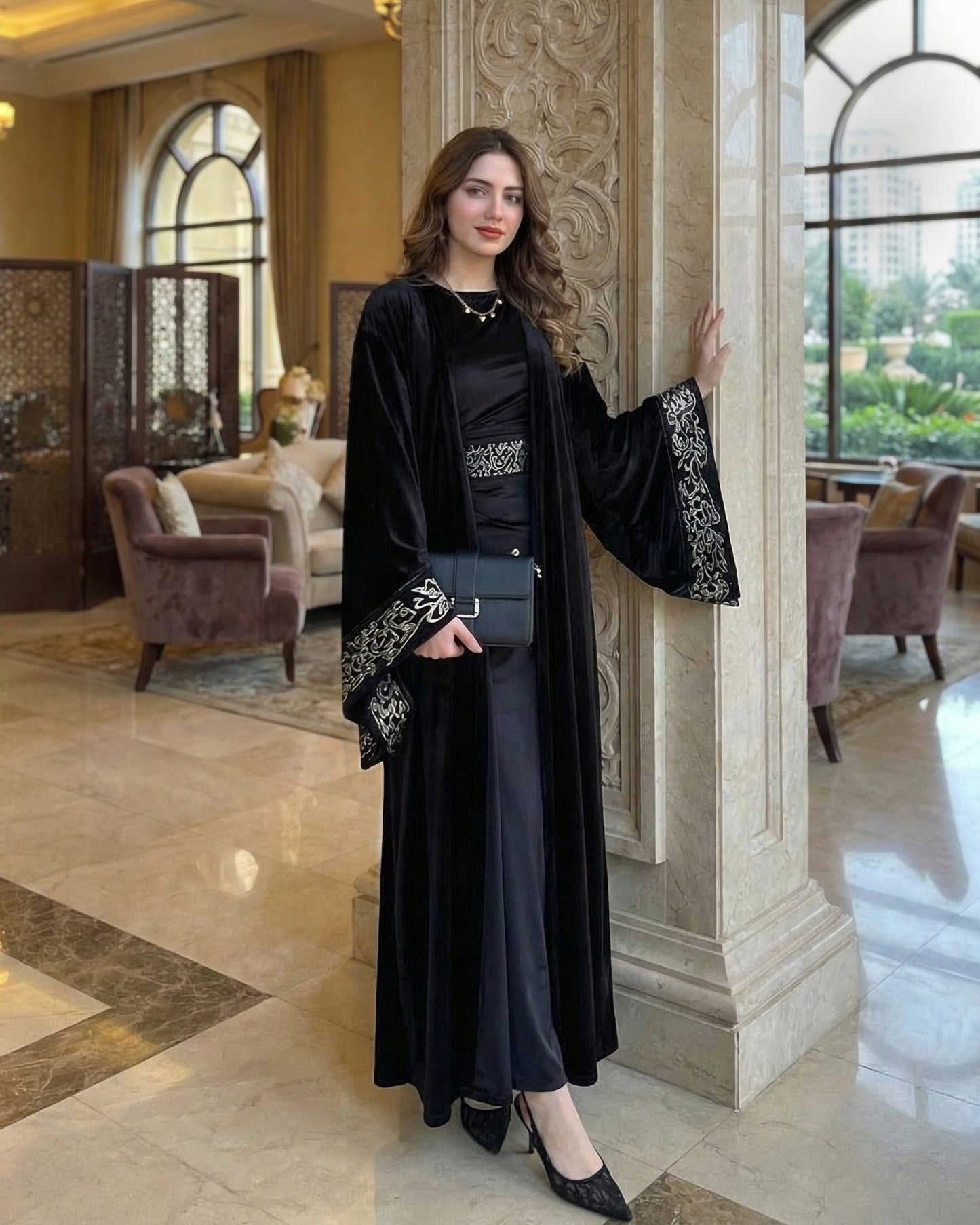 Velvet Embroidered Kaftan & Dress Set | Black - Eva Fashion - Online Clothing Store for Women