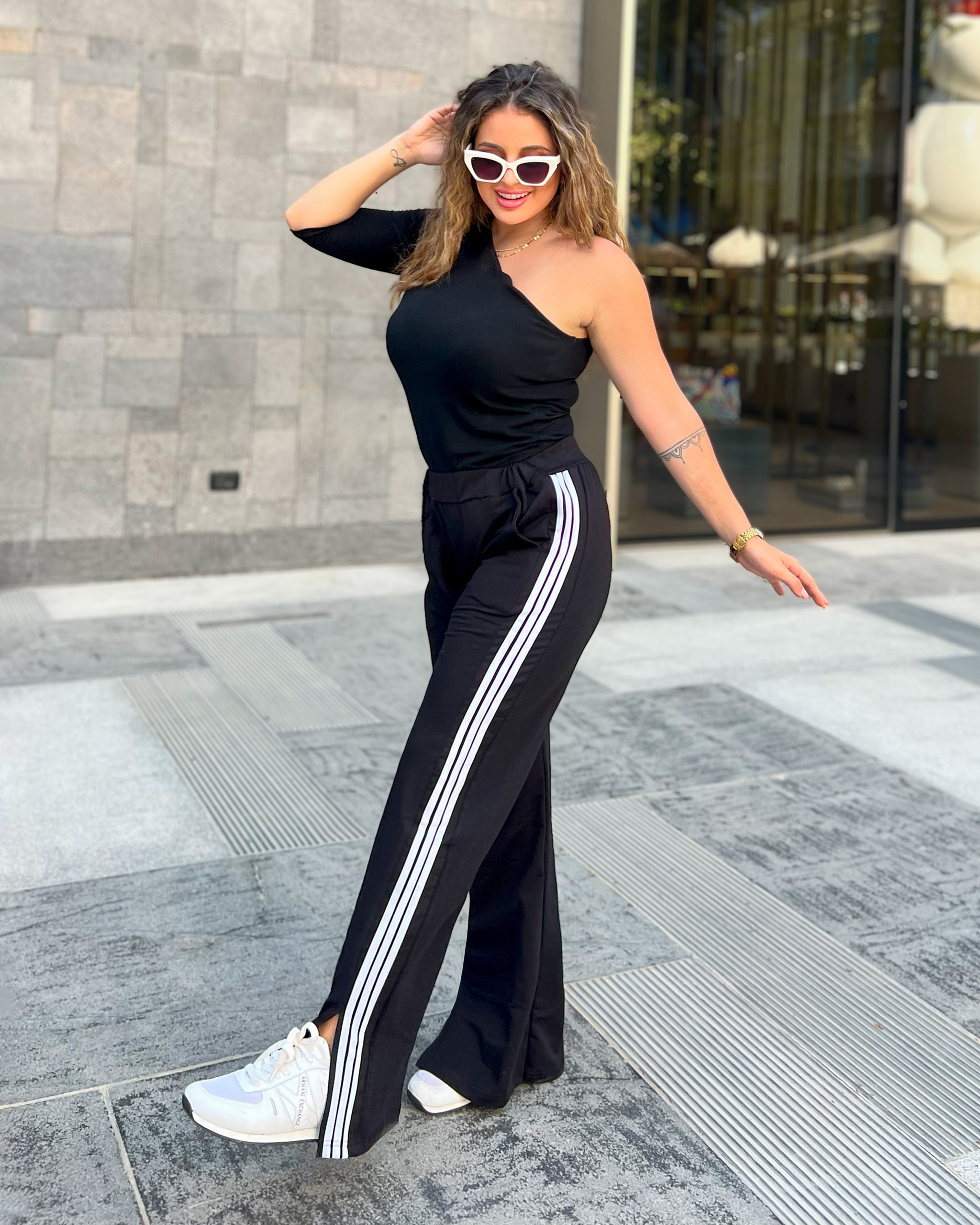 بنطلون قطن بثلاث خطوط جانبية 