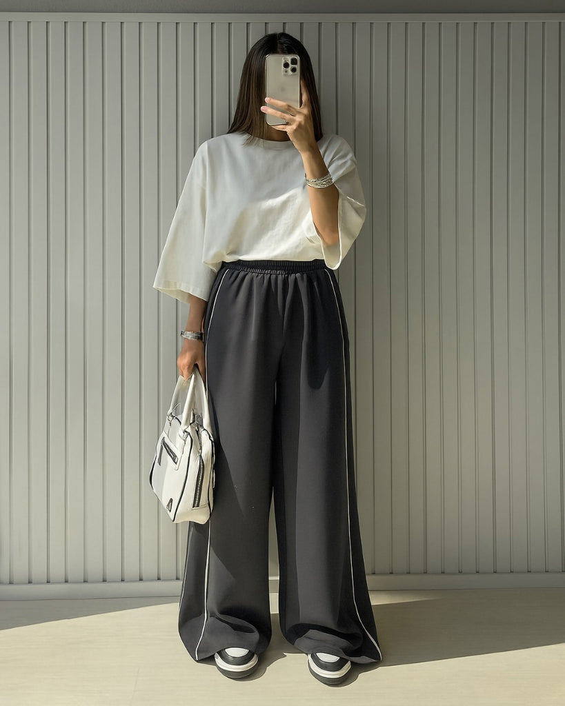 Contrast Piping Wide-Leg Pants | Dark Grey - Eva Fashion - Online Clothing Store for Women