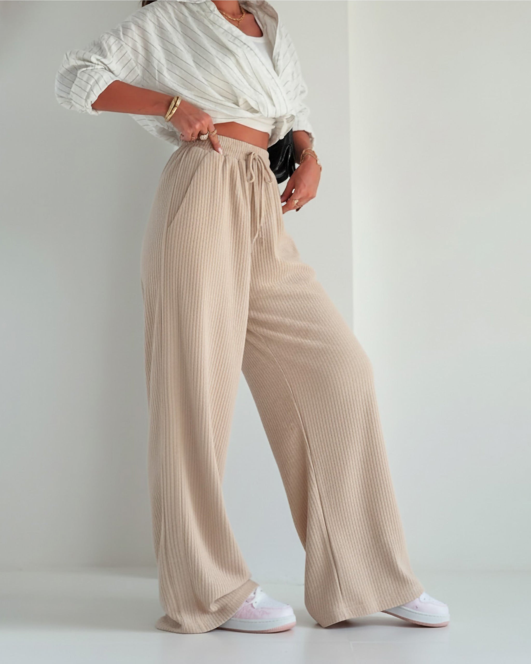 Ribbed Knit Wide-Leg Pants | Beige - Eva Fashion - Online Clothing Store for Women