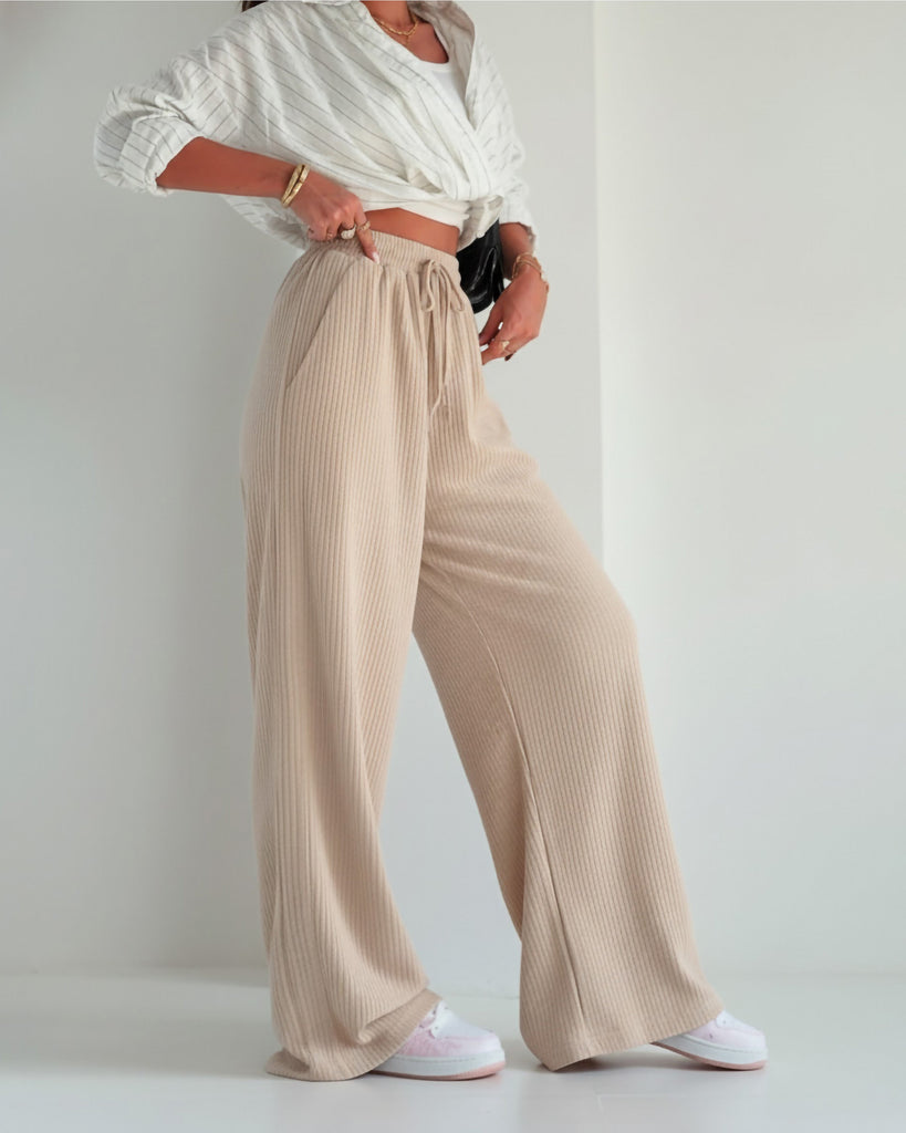 Ribbed Knit Wide-Leg Pants | Beige - Eva Fashion - Online Clothing Store for Women