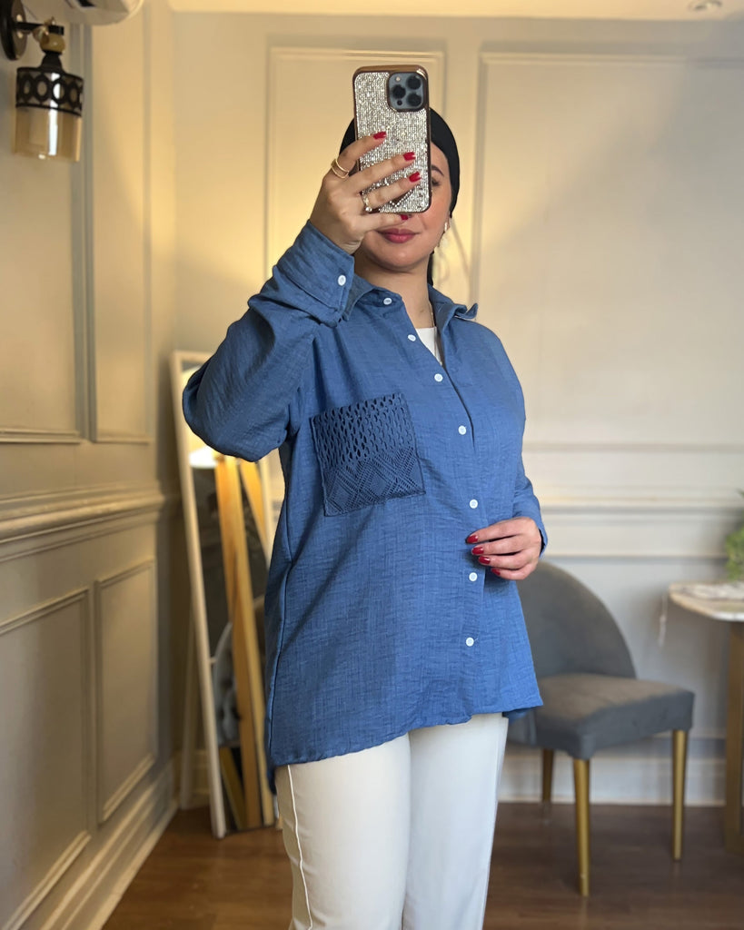 Textured Pocket Linen Shirt | Steel Blue - Eva Fashion - Online Clothing Strore for Women