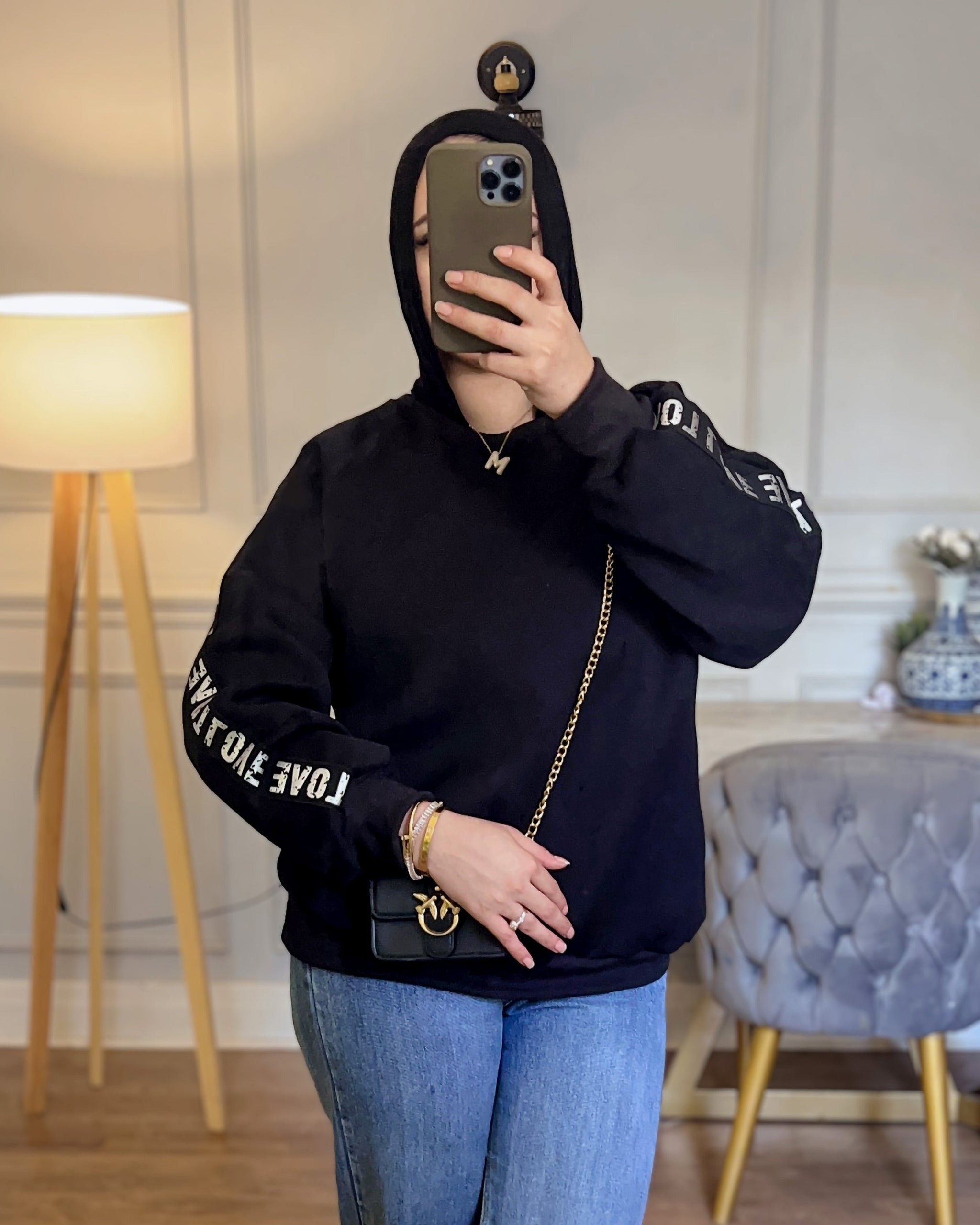 Letter Tape Striped Sweatshirt | Black - Eva Fashion - Online Clothing Strore for Women