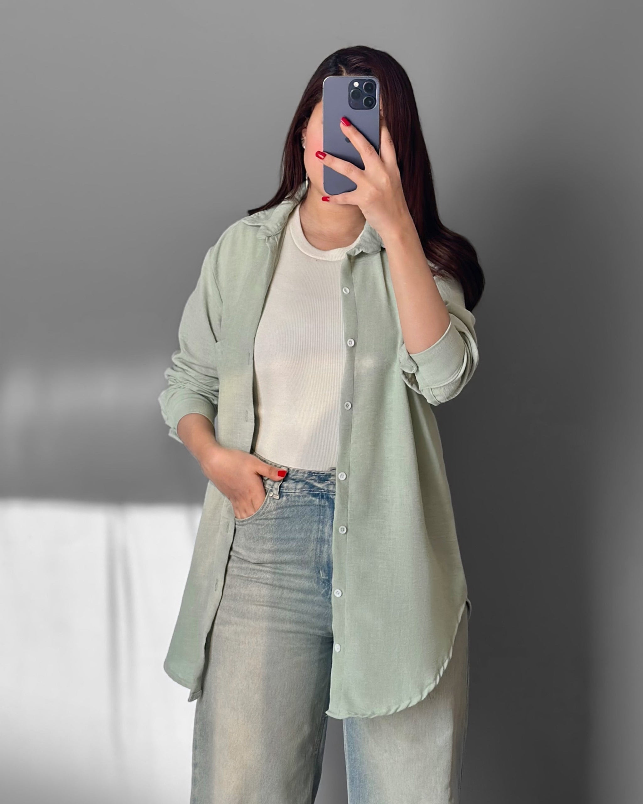 Longline Oversized Linen Shirt | Misty Green - Eva Fashion - Online Clothing Store for Women