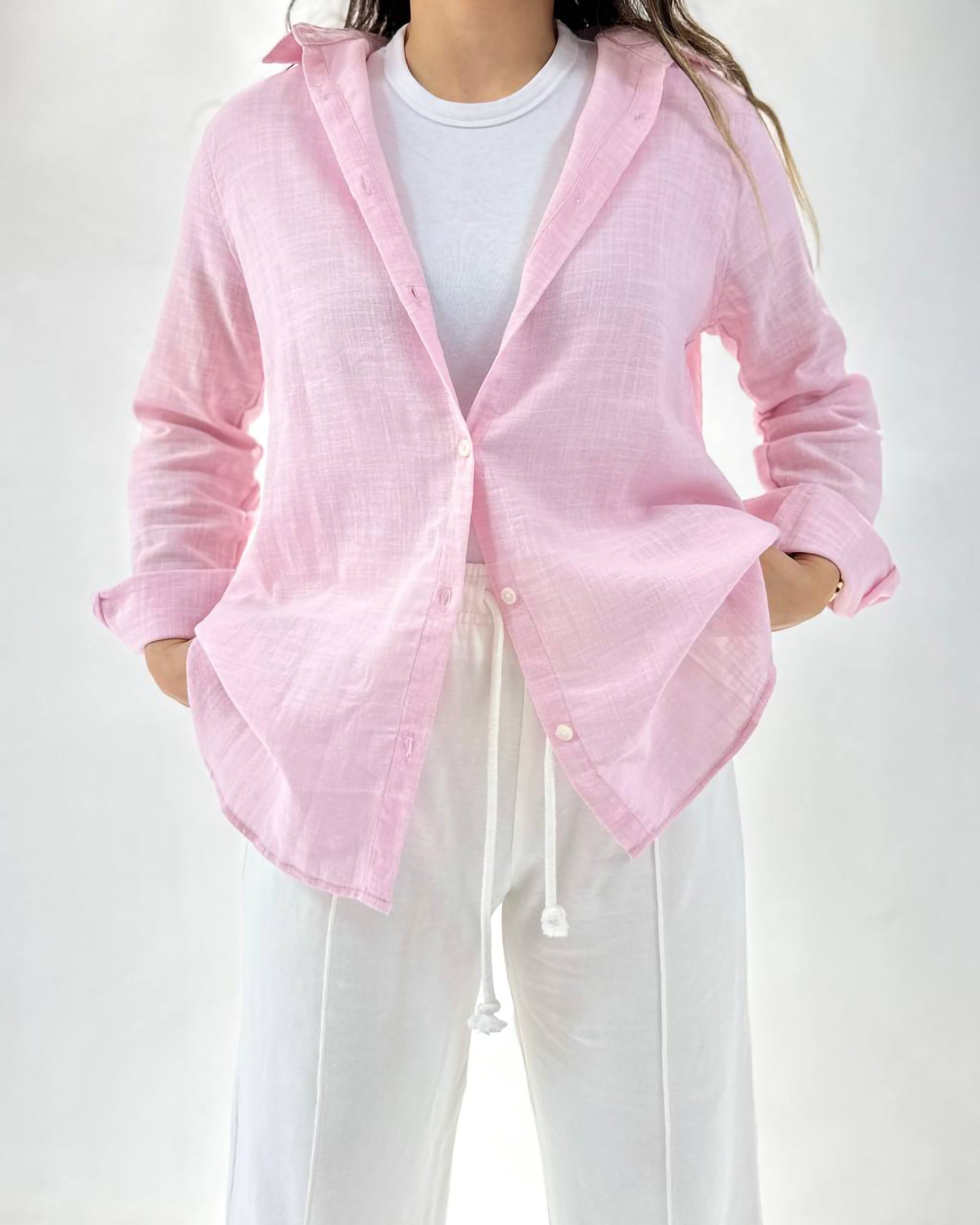Longline Oversized Linen Shirt | Rose Pink - Eva Fashion - Online Clothing Store for Women