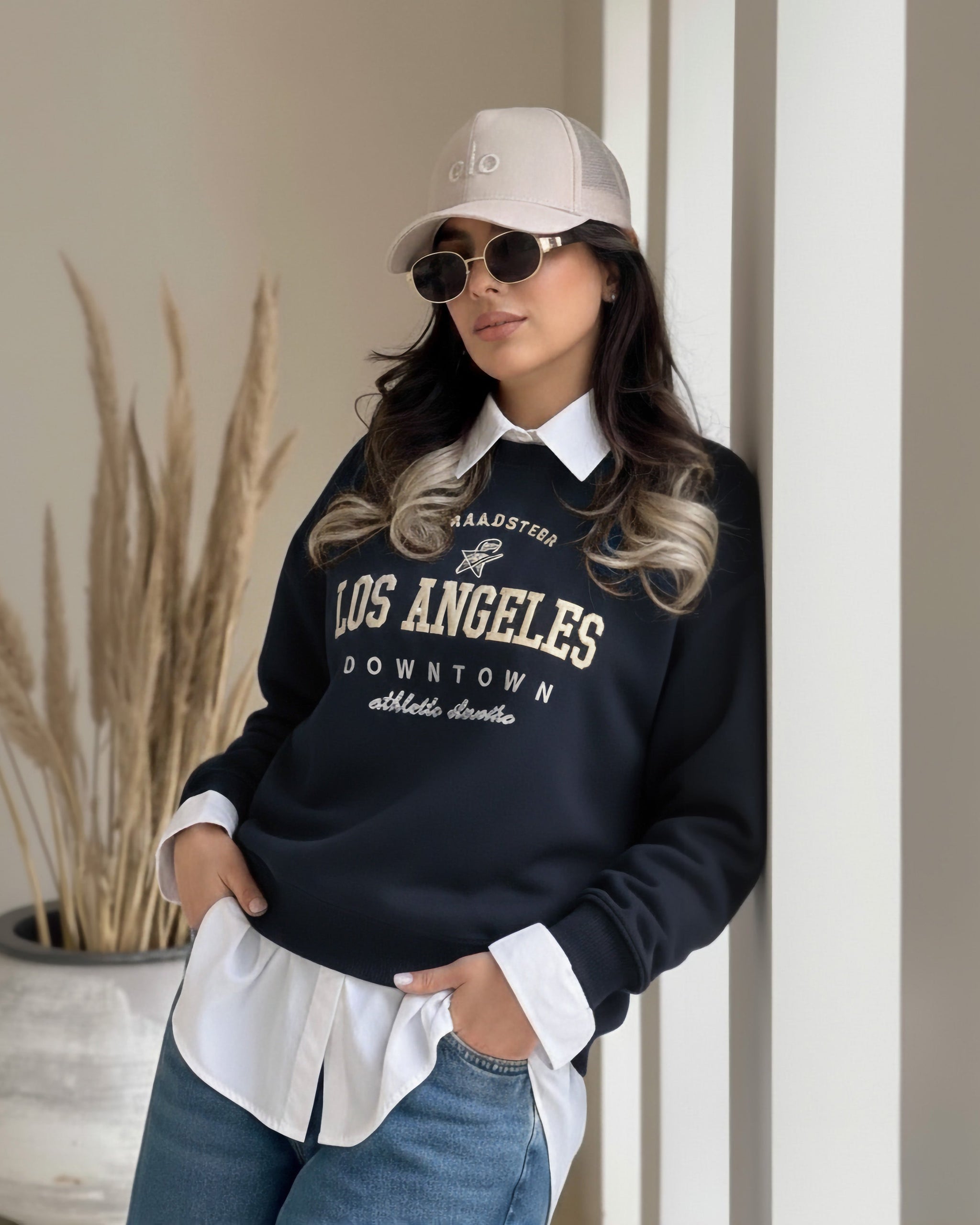 Los Angeles Letter Graphic Sweatshirt | Dark Blue - Eva Fashion - Online Clothing Store for Women