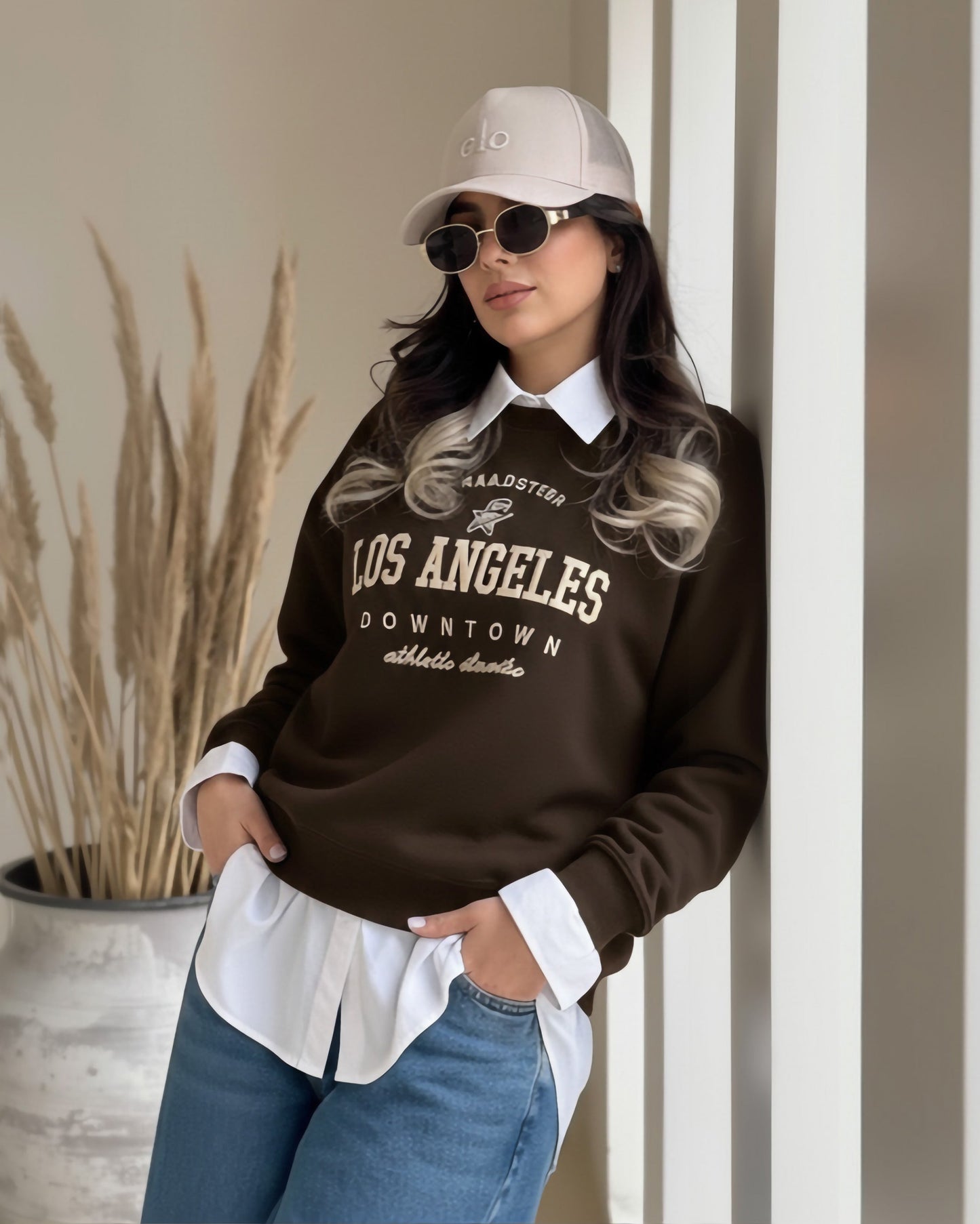 Los Angeles Letter Graphic Sweatshirt | Brown - Eva Fashion - Online Clothing Store for Women