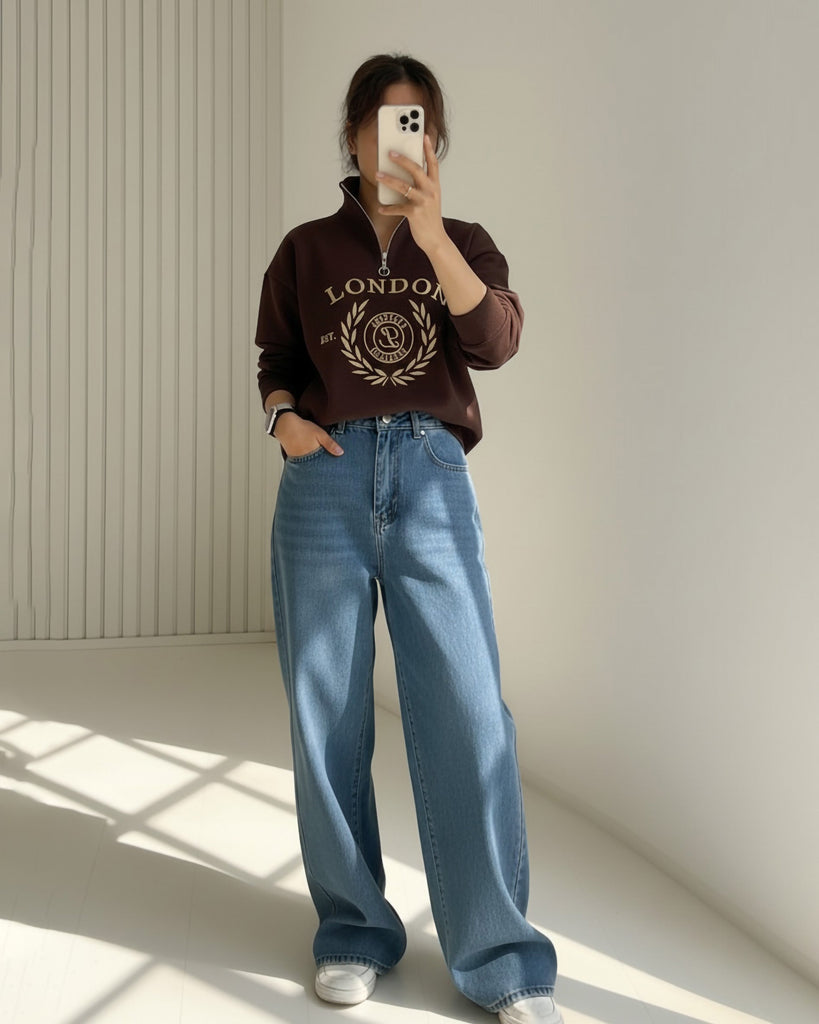 London Graphic Half Zip Sweatshirt | Brown - Eva Fashion - Online Clothing Store for Women