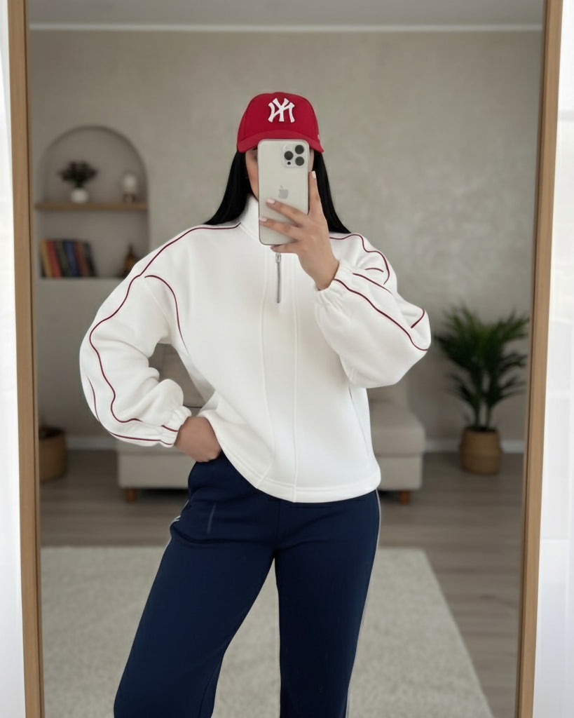 Contrast Stitch Half-Zip Sweatshirt | White - Eva Fashion - Online Clothing Store for Women