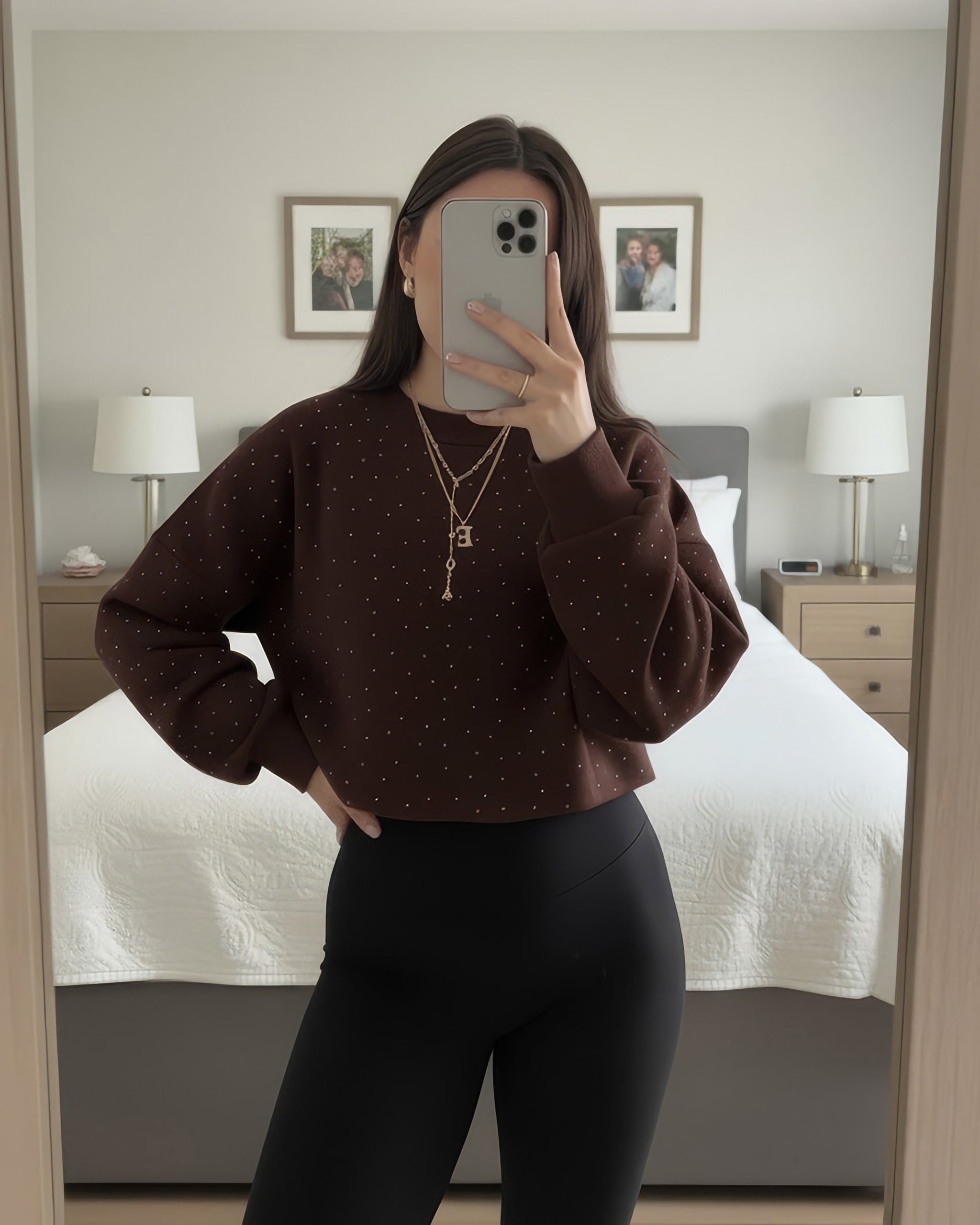 Polka Dot Puff Sleeve Sweatshirt | Brown - Eva Fashion - Online Clothing Store for Women