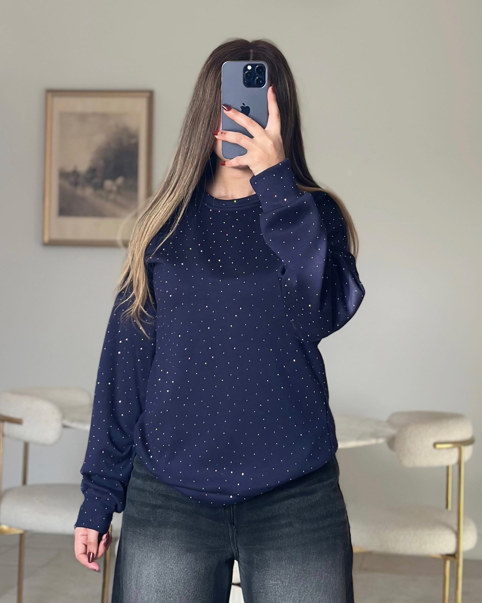 Rhinestone Puff Sleeve Sweatshirt