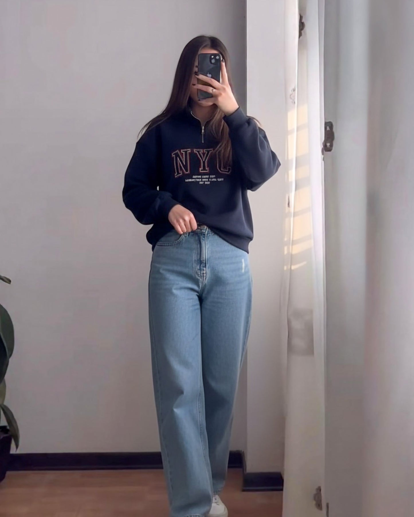 NYC Embroidered Half-Zip Sweatshirt | Dark Blue - Eva Fashion - Online Clothing Store for Women