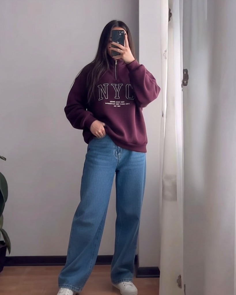 NYC Embroidered Half-Zip Sweatshirt | Burgundy - Eva Fashion - Online Clothing Store for Women