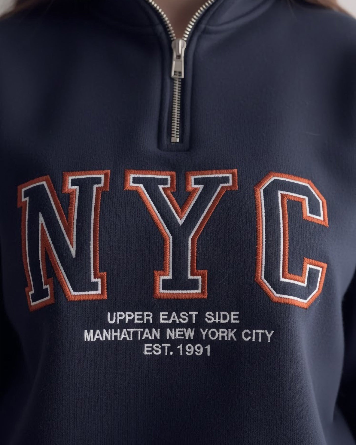 NYC Embroidered Half-Zip Sweatshirt | Dark Blue - Eva Fashion - Online Clothing Store for Women