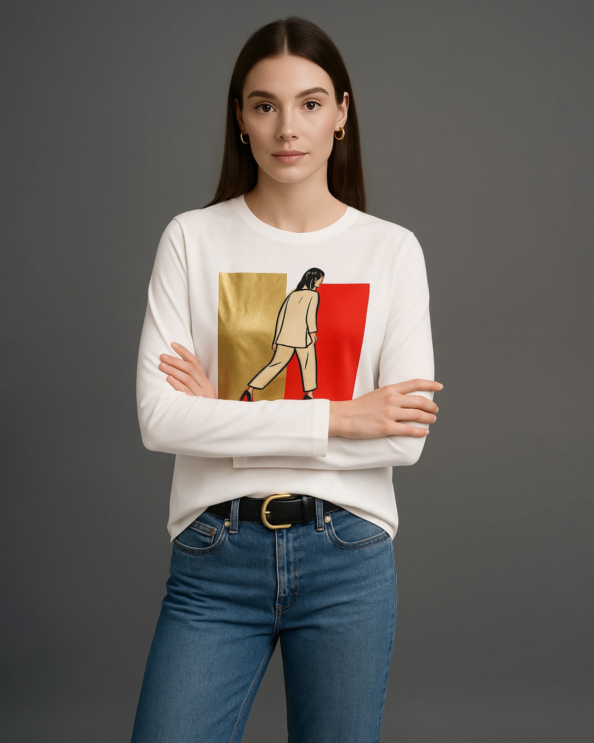 Figure Print Long Sleeve T-Shirt | White - Eva Fashion - Online Clothing Store for Women