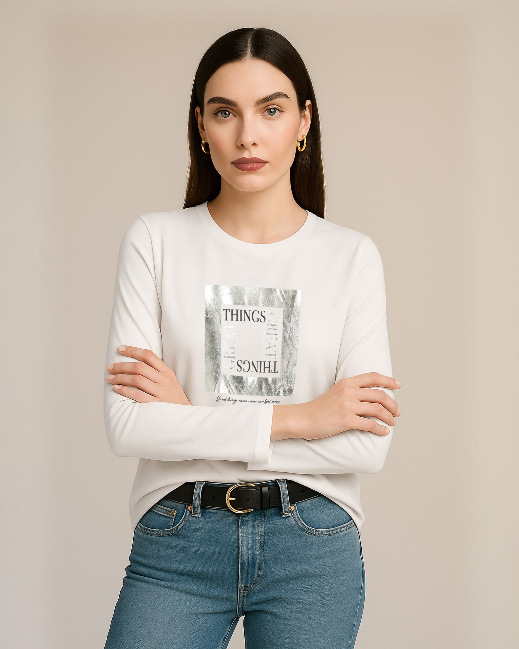 Metallic Text Graphic Long Sleeve T-Shirt | White - Eva Fashion - Online Clothing Store for Women