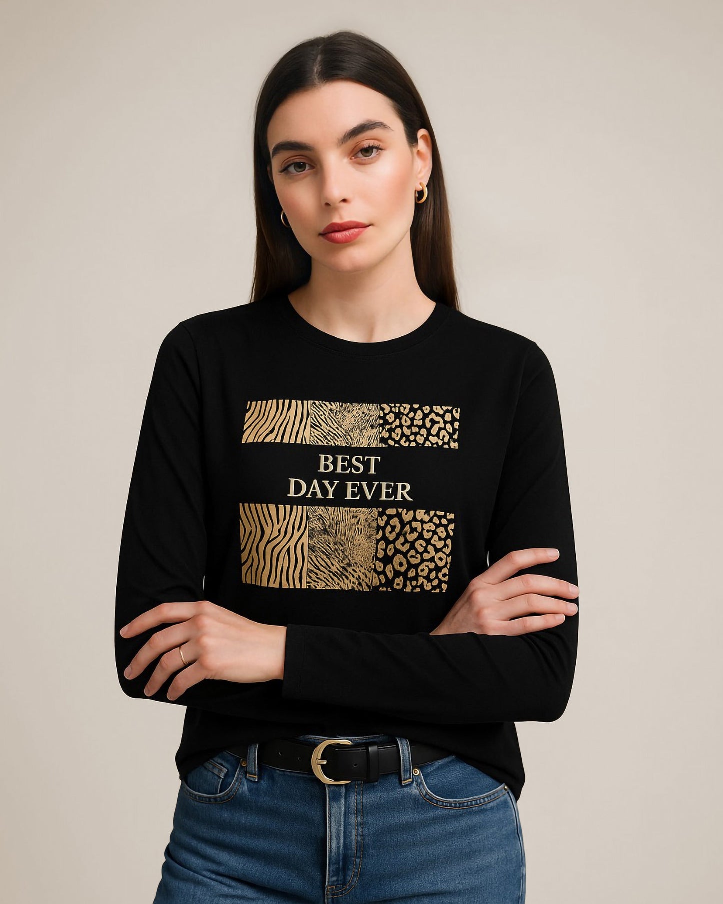 Golden Print Long Sleeve T-Shirt | Black - Eva Fashion - Online Clothing Store for Women