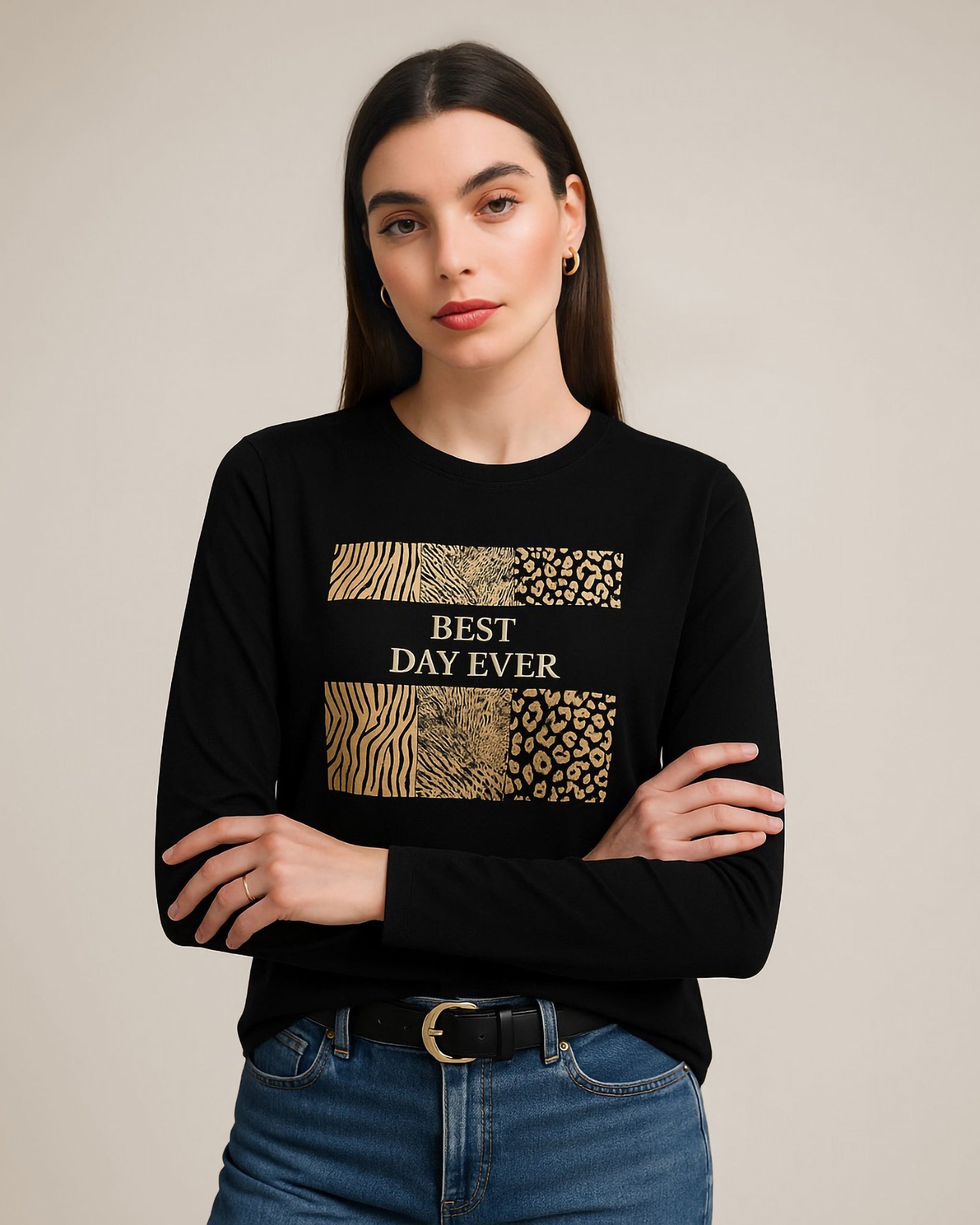 Golden Print Long Sleeve T-Shirt | Black - Eva Fashion - Online Clothing Store for Women