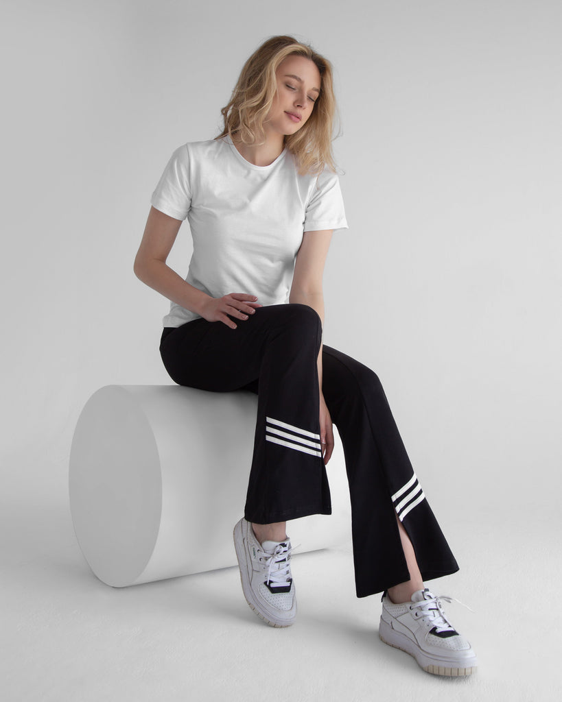 Front Triple Striped Split Hem Sweatpants